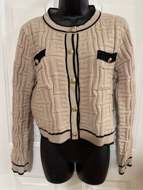 Textured Beige Knit Cardigan with Black Trim